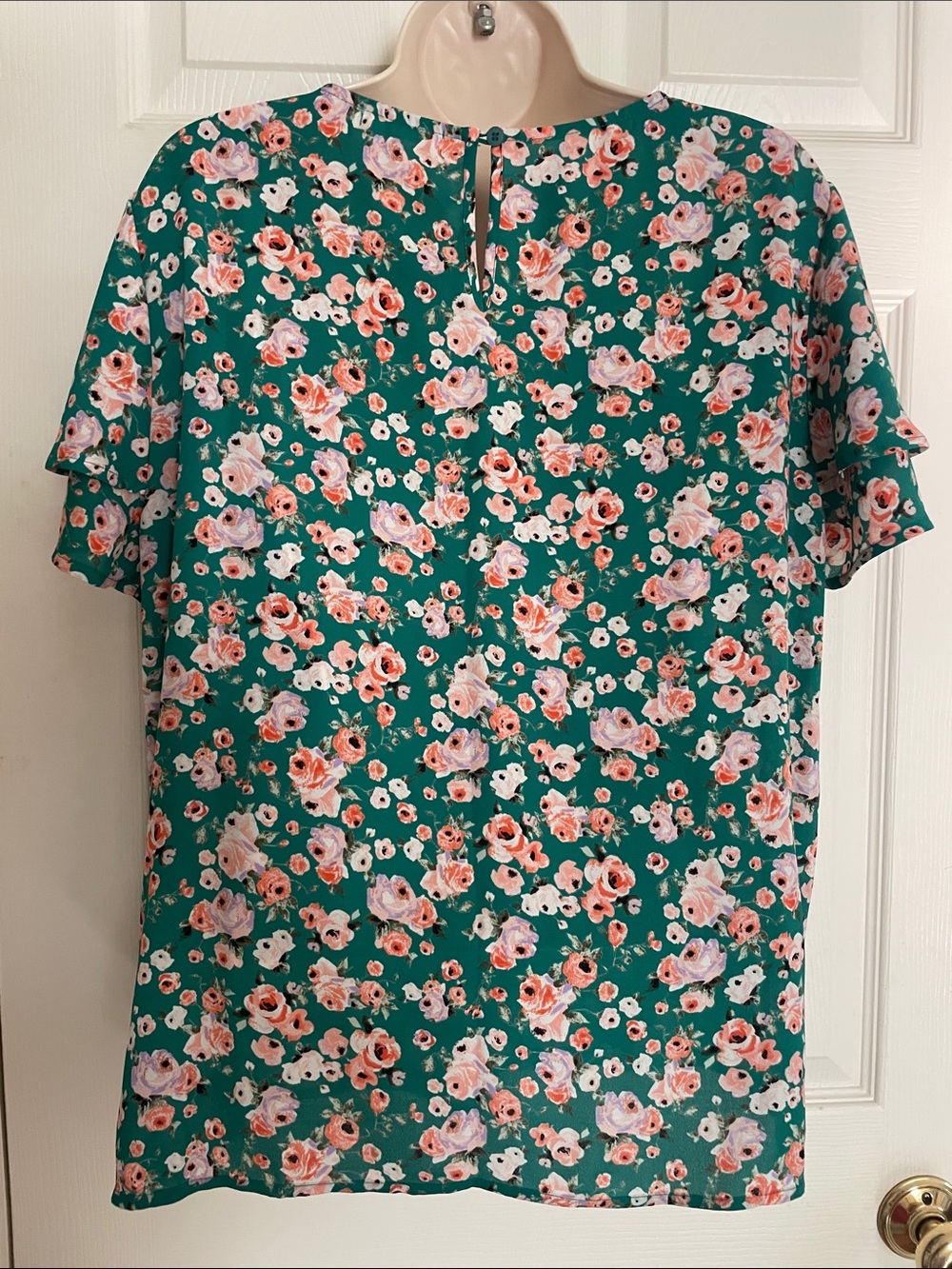 Pleione Teal Floral Short Sleeve Ruffle Blouse Large - Picture 3 of 5